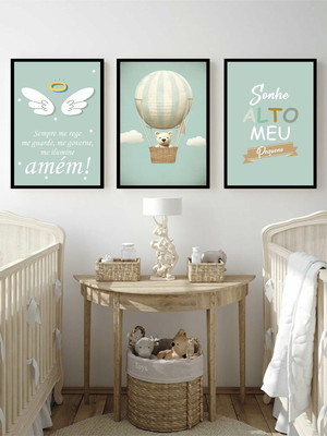 3 quadros decorativos criança animais bebe molduras