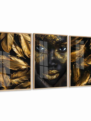 Quadro decorativo trio mulher dourado folhagem com vidro