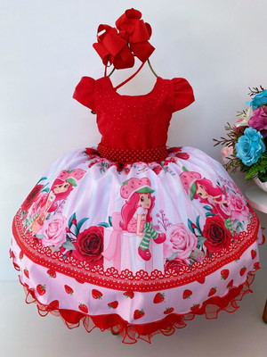 Vestido infantil vermelho moranguinho strass cinto de pérola