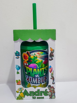 Copo twister + canudo e caixa personalizada plants x zombie