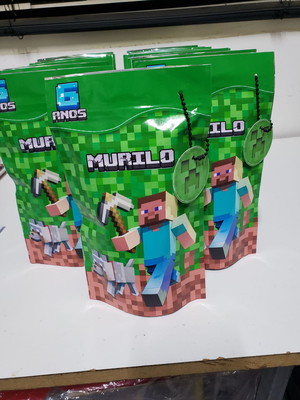 Saquinho metálico zip 20x12cm minecraft (com tag)