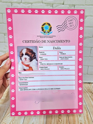 Certidão de nascimento pet - para cachorros e gatos - a5