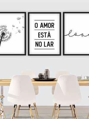 Conjunto de 3 quadros 45x60 amor flor love - moldura preta