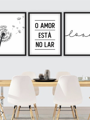 Conjunto de 3 quadros 50x70 amor flor love - moldura preta