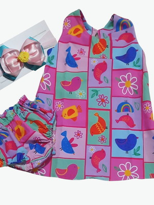 Vestido passarinhos com tapa fralda faixa bebês tam 1