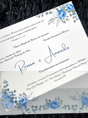 Convite de casamento com vegetal florais azuis