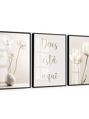 Quadro decorativo frases deus está aqui flores vidro trio