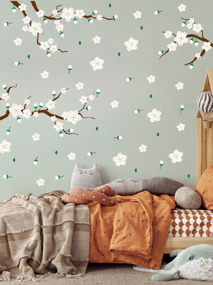 Adesivo de parede galhos flores brancas e folhas arvore