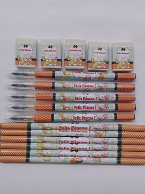 Kit lápis com caneta e borracha personalizado páscoa