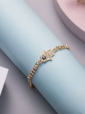 Pulseira dourada mão de fátima com olho grego e strass