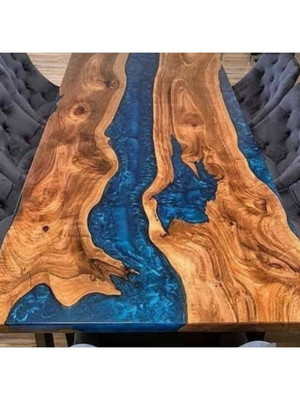 Mesa de madeira com resina epoxi azul rivertable 4 cadeiras
