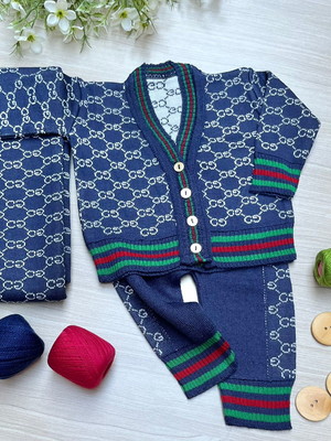 Saída de maternidade menino azul marinho tricot 3 peças luxo