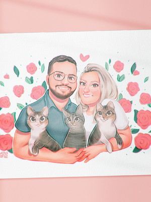 Ilustração digital personalizada família e pet - busto