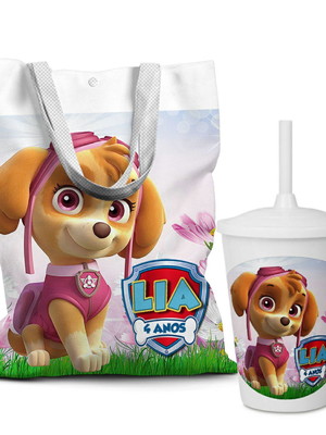 Kit sacolinha +copo personalizados patrulha canina skye