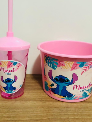Balde de pipoca com copo lilo e stitch