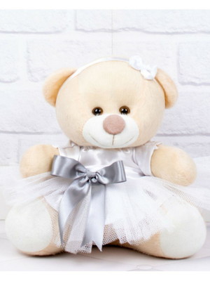 Ursinha daminha vestido cetim branco e lacinho cinza 15cm