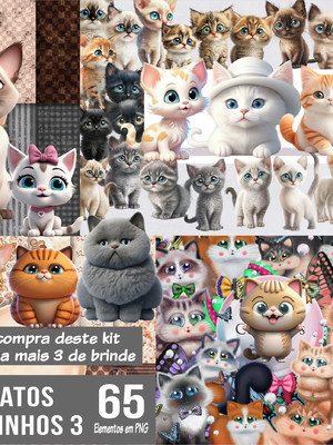 Kit digital gatos, gatinhos 3 png + 3 kits de brinde