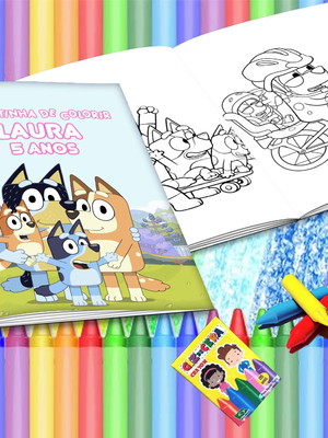 Revistinha para colorir personalizada bluey + giz de cera