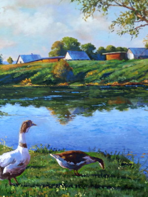Pintura óleo sobre tela - lago com patos