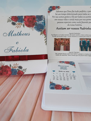 Convite para padrinhos marsala e azul caixa bombons