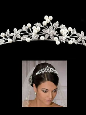 Coroa tiara de noiva luxo prata com pérolas e strass