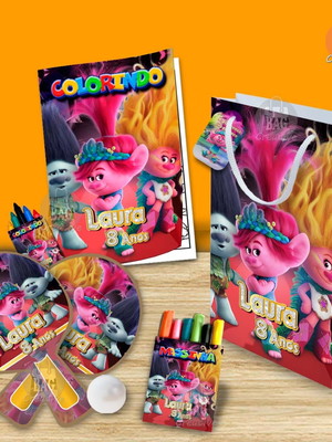 Kit completo sacolinha personalizado trolls 3