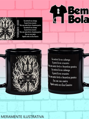 Caneca preta exu caveira com caveiras tridente e fogo