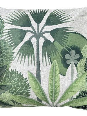 Almofada tecido linho bege estampada árvores tropicais 45x45