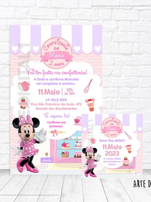 Convite virtual + save the date, minnie confeiteira