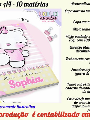 Caderno 10 matérias personalizado no tema hello kitty