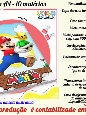 Caderno 10 matérias personalizado no tema mario