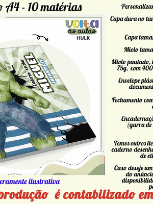 Caderno 10 matérias personalizado no tema hulk