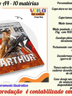 Caderno 10 matérias personalizado no tema free fire