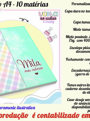 Caderno 10 matérias personalizado no tema candy