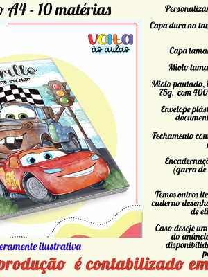 Caderno 10 matérias personalizado no tema carros
