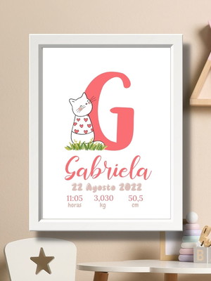 Editar quadro de nascimento gatinha moldura com vidro 33x43