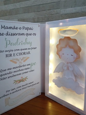 Convites- caixa livro convites padrinhos de batismo com led