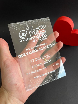 Convite aniversário transparente acetato grosso 10x15cm 1cor