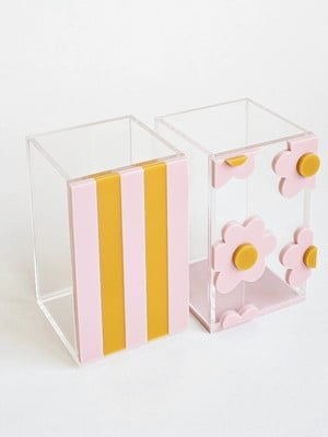 Kit porta lápis e canetas em acrílico listras floral