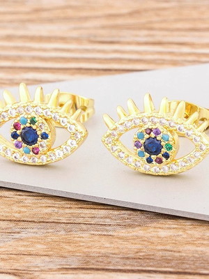 Brinco olho grego cravejado com zircônias em banho ouro 18k