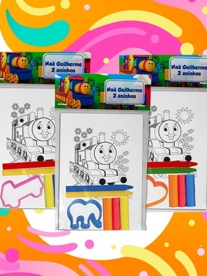 Kit colorir giz + kit massinha personalizados bob o trem