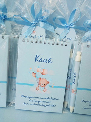 Lembrança bloco capa dura e caneta urso