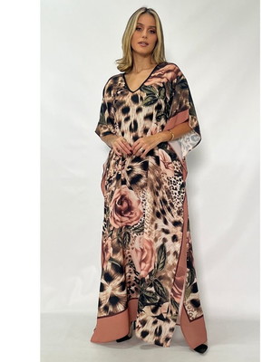 Kaftan ggt toque de seda vestido longo estampado rosa felina