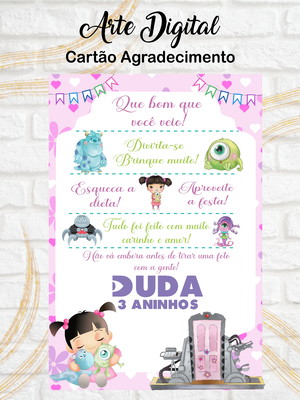 Arte digital cartão agradecimento monstros sa boo