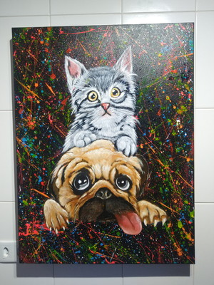 Quadro abstrato pintado a mão gato e cachorro 80x60