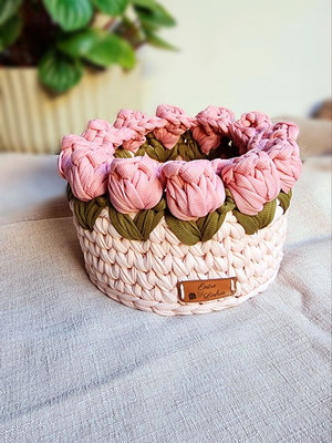 Cesto de crochê fio de malha tulipa