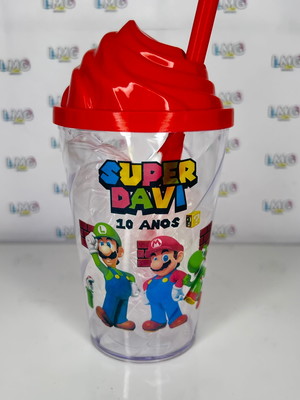 Copo twister 300ml aniversário personalizado mario