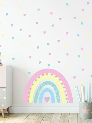 Adesivo de parede arco iris com corações coloridos