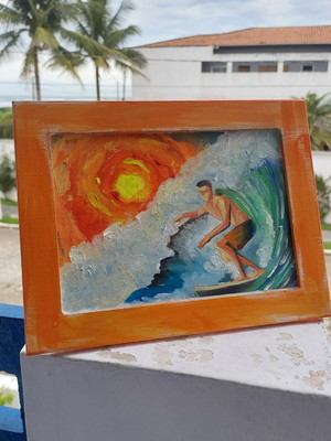 Porta retrato com pintura acrílica - surfista sunset