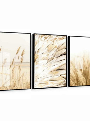 Kit 3 quadros capim dos pampas folhas de trigo boho
